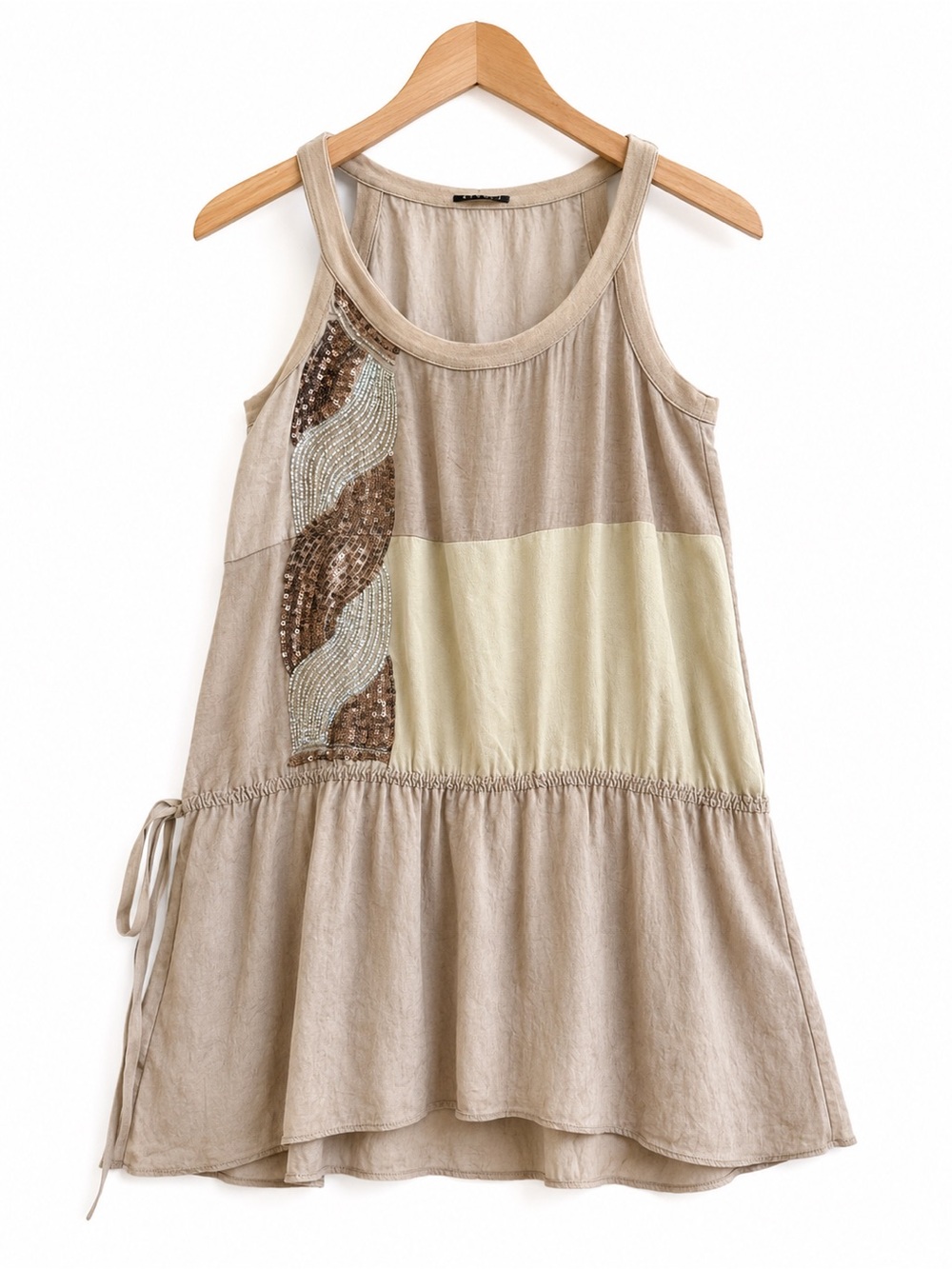 Sisley Beige Beaded Colorblock Asymmetrical Tunic Top XS